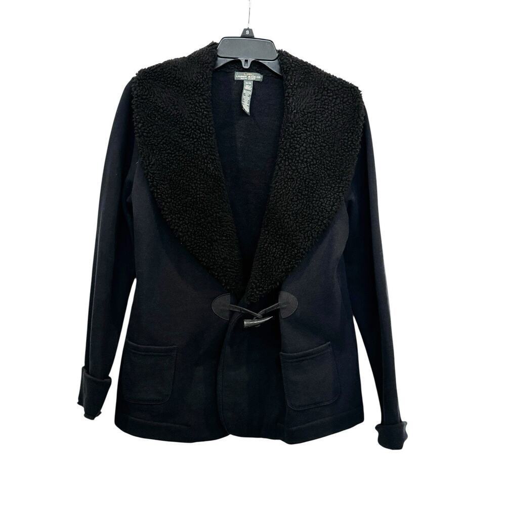 LRL Women’s Black Casual Jacket Sherpa Shawl Collar Toggle Closure: Navy/Blk: M